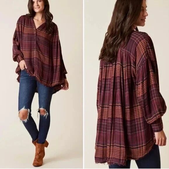 Free People Tops - Free People Come On Over Shirt Size SMALL Plaid Oversized Button Up